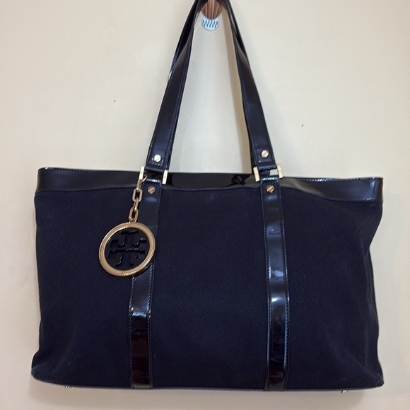 Tory Burch | Black Gold Jane Canvas & Patent Leather Tote Shoulder Bag - Picture 8 of 17